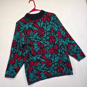 Mathias Sweater Womens M Metallic Floral Knit Black‎ Holiday Vtg Statement Xmas